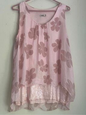 Italian Pink Floral Layered Silk Tank Top
